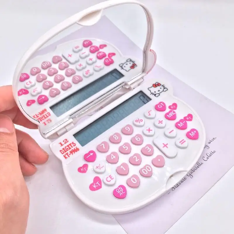 

Sanrio Kawaii Girls Hello Kitty Flip Type Portable Calculator Mini Multifunctional Anime Figure Cosmetic Mirror Folding Computer