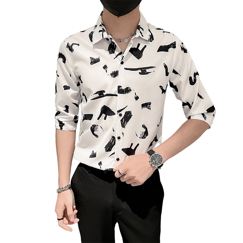 Fun Printed Shirts for Men 2022 Summer Half Sleeve Slim Casual Business Formal Dress Shirt Social Party Tuxedo Tops Men Clothing