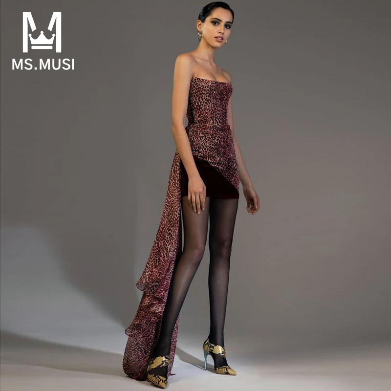 MSMUSI 2022 New Fashion Women Sexy Leopard Strapless Lace Up Mesh Draped Fold Sleeveless Backless Bodycon Party Club Mini Dress