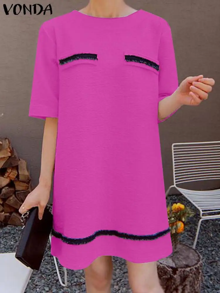 

Women Summer Dress 2023 VONDA Vintage Solid Color Sundress Casual Loose Party Dress Beach Sundress Femininas Robe Femme Vestidos