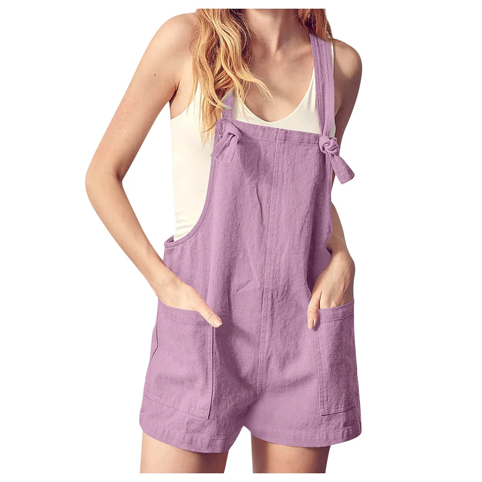 Fashion Women's Jumpsuits Summer New Casual Bib Loose Sleeveless Rompers Female Patchwork Button Short Playsuits Cotton And Hemp