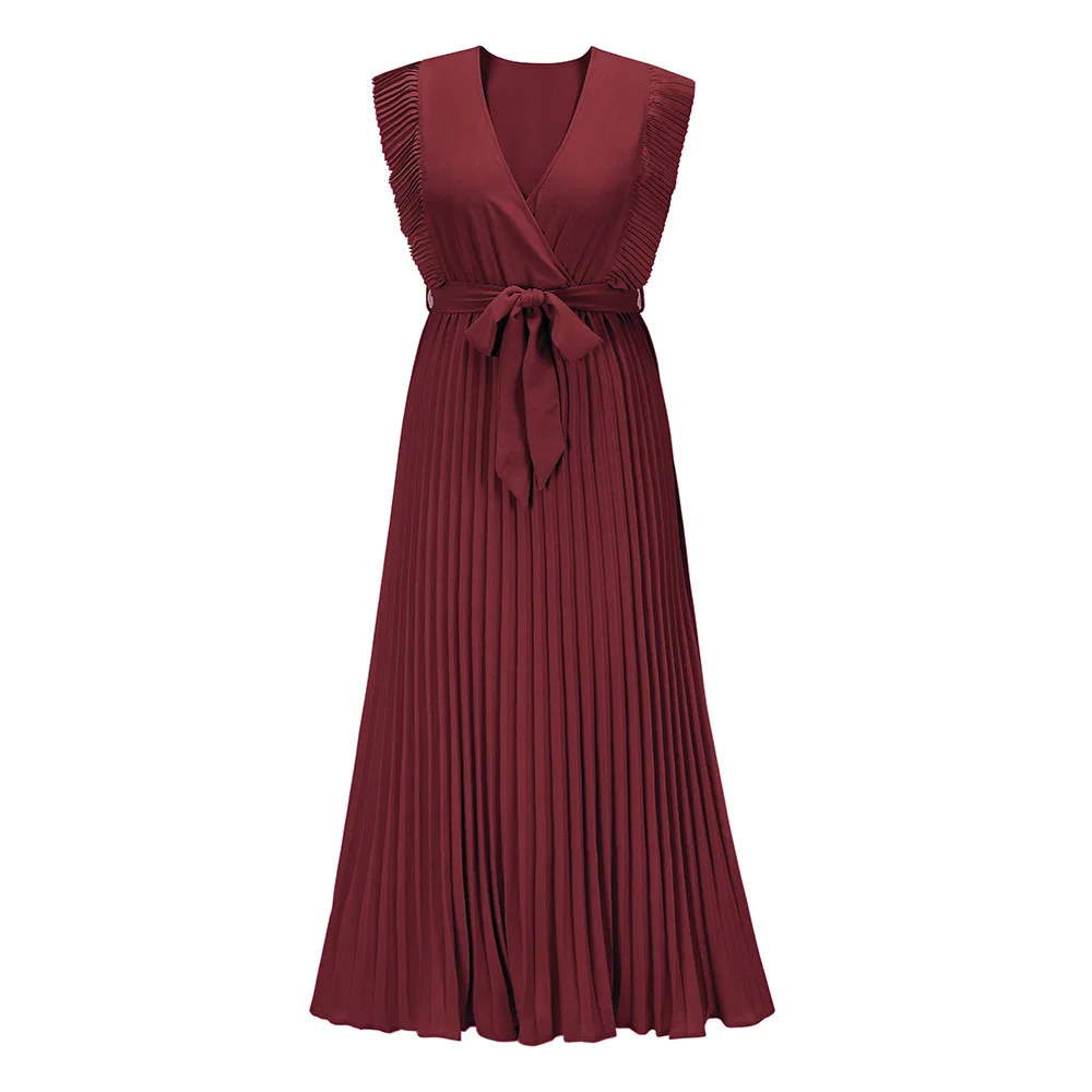 

A Line Ladies Summer Pleated Office Fashion Elegant Chiffon Maxi Party Robe V Neck Ruffle Dresses Sexy Sleeveless Dress Women