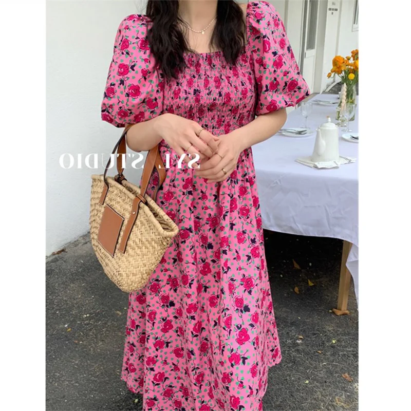 

High Quality Chiffon Rose Red Flower Dress for Women Vintage Puff Sleeve Mid Length Elegant Dresses Summer Korean Fashion Ladies