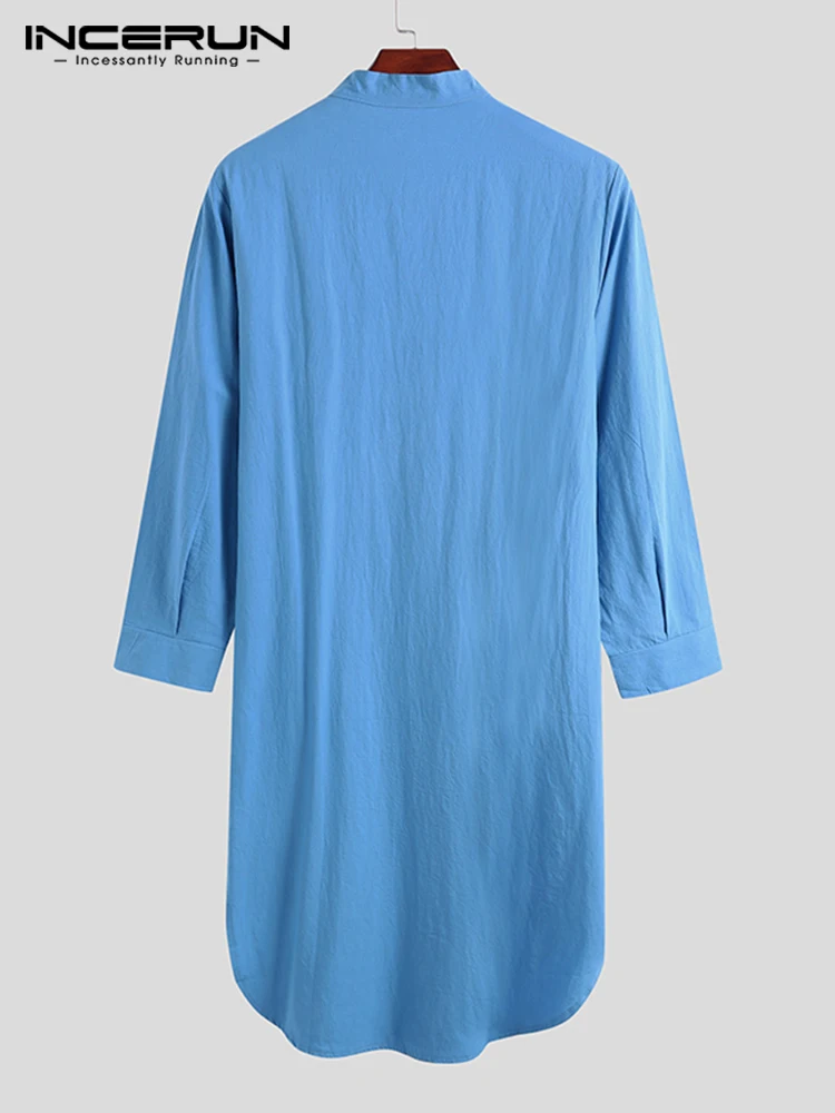 New Men Casual Sleep Robes Long Sleeve Round Neck Sleep Shirts Man Fashion Male Solid Nightgown Comfortable Nightclothes INCERUN