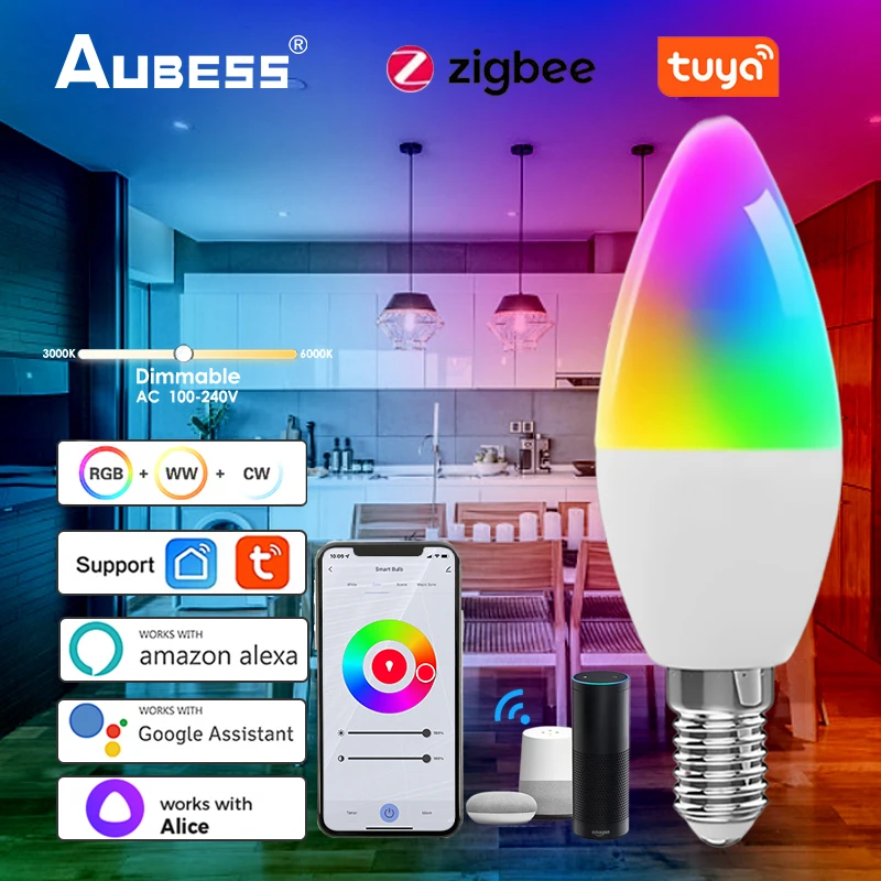 

Умная Светодиодная лампа Tuya Zigbee E14, цветная лампа для внутреннего светильник, RGB + CCT лента с контроллером освещения, 220 В, 5 Вт, с регулируемой я...