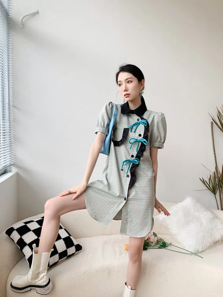 

Hubble-bubble sleeve tartan dress dress sense of the new senior Hepburn wind original niche wind long skirt