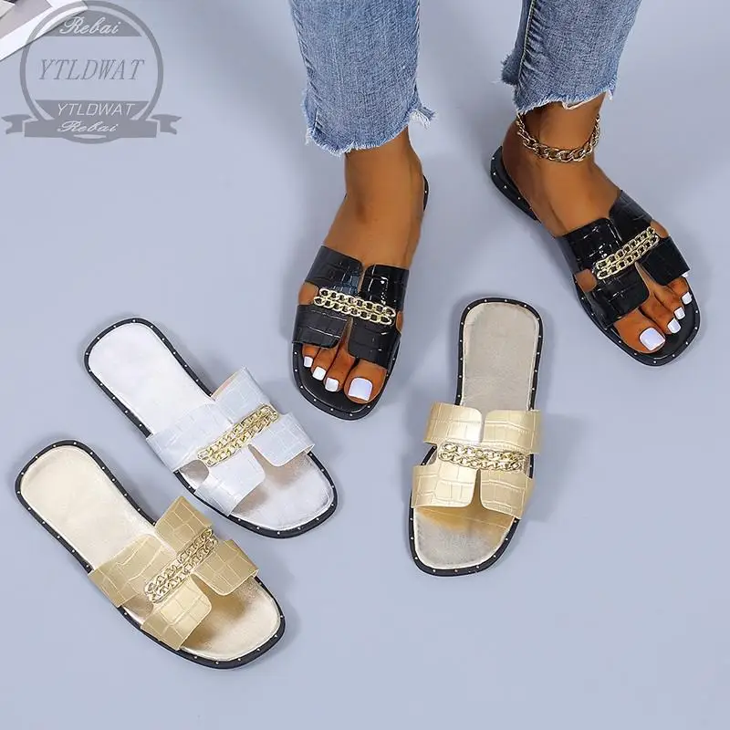 2022 NEW Women New Slippers Classic Designer Flat Flip Flops Chain Sandal Outdoor Casual Comfort Lady Flats  Shoes