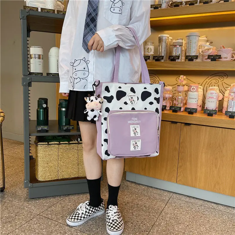 

Ladies Cartoon Cow stria Bag Female Big Transparent Pocket Handbag Girl Sweet Harajuku Crossbody Bag Kawaii Shoulder Bag