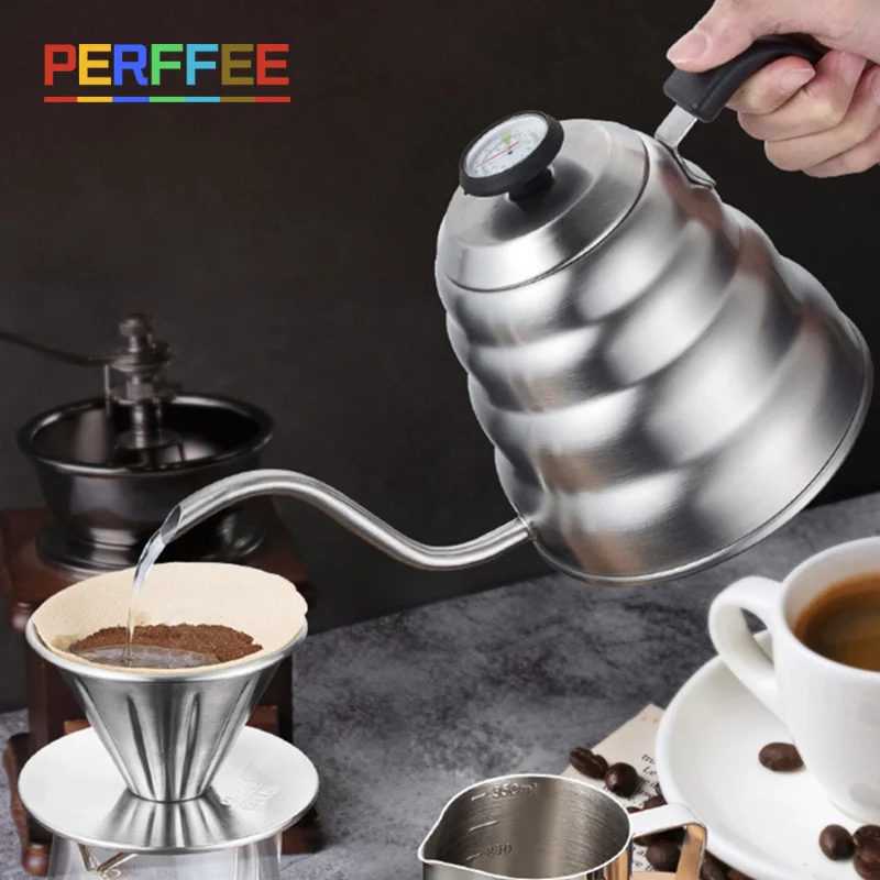 

Кофейный капельный чайник с термометром, кофейник из нержавеющей стали с тонкой горловиной и гусиной горловиной, капельный чайник для кофе, 1 л/1,2 л