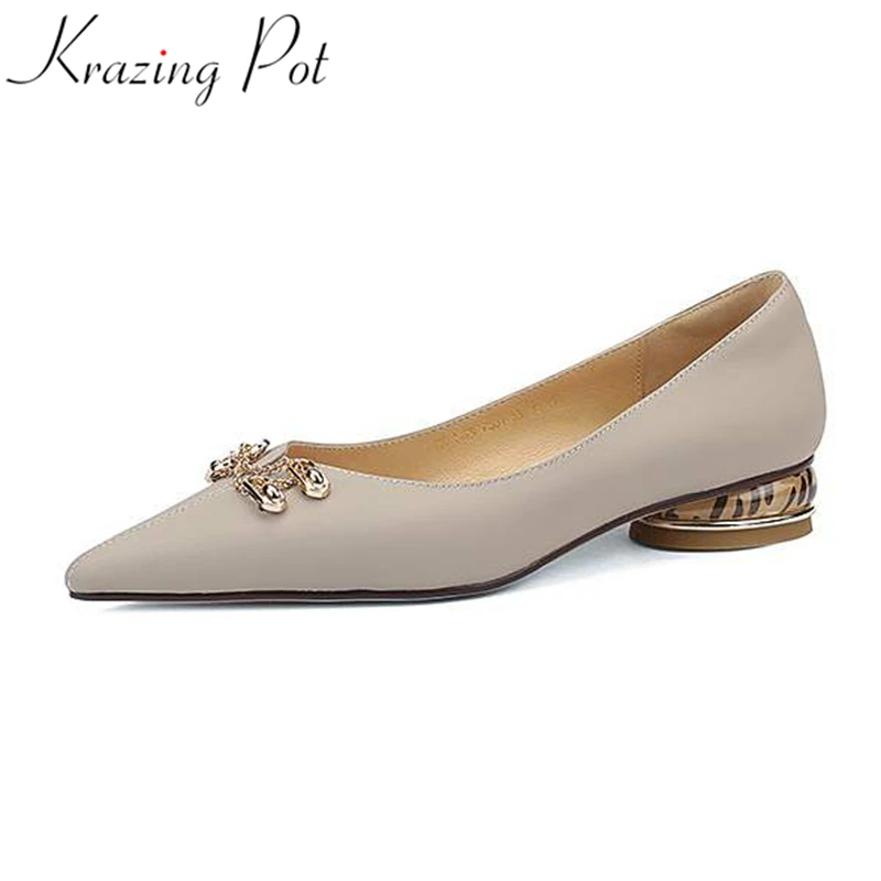 

Krazing Pot genuine leather pointed toe strange style low heels slip on leopard print shallow metal chains art design gray pumps