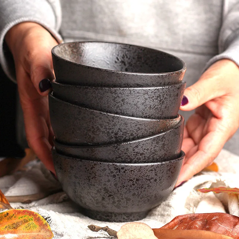 

Japanese Rice Bowl Creative Stoneware Tableware Black Retro Bowl Ceramic Rice Bowl Home Hotel Dinner Ceramic Bowl
