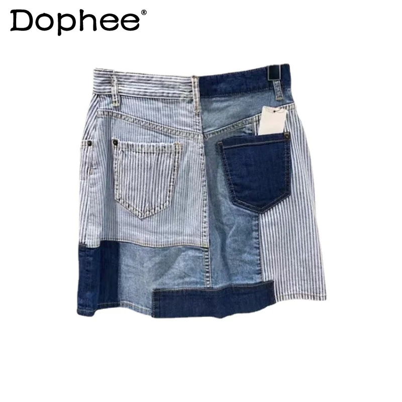 Women's Stitching Irregular Skirt Niche 2023 Summer New Slimming Denim Skirt Design Sense A-line Skirts Korean Fashion Clothing