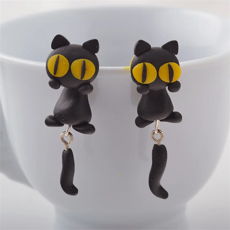 

Funny Cartoon Cat Earrings Unique Women's Yellow-Eye Cat Long Tail Splits Type Cute Fashion Dangler Women Ear Stud For Girls