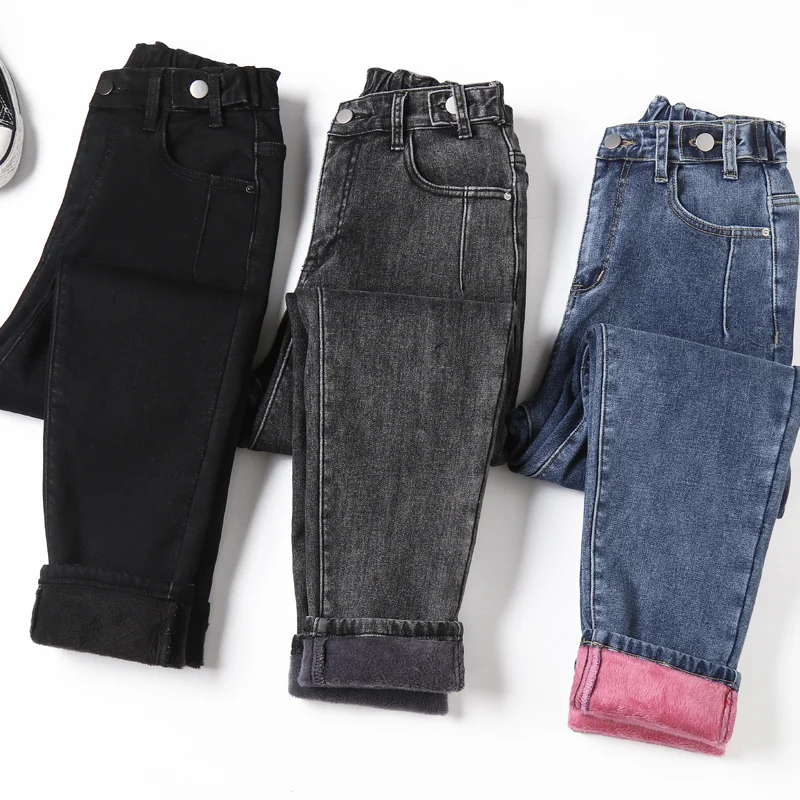 

2022 женские теплые джинсы, теплые плюшевые Стрейчевые джинсы с высокой талией, джинсы оверсайз, зимняя уличная одежда для снега, прямые брюки...