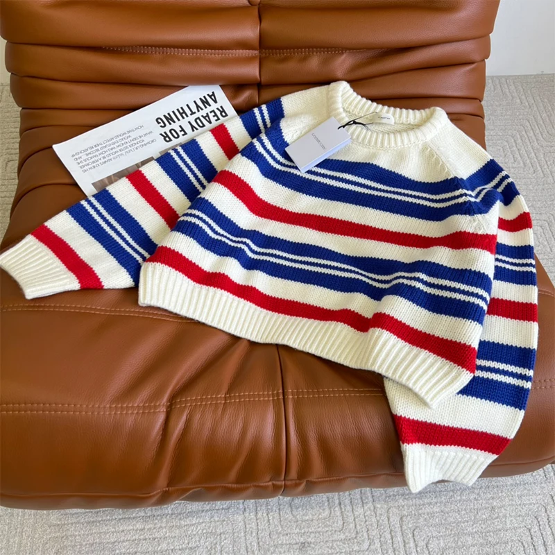 

22 Chic AW Pullover Women Long Sleeve O-neck Contrast Color Vintage Stripe Oversized Knitted Sweater Loose Fashion Elegent Tops