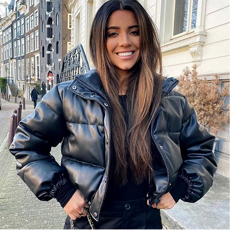 Bubble Coat Bread Coat Pu Leather Stand-up Collar Short New Fashion Jacket Winter and Autumn Women's Down Jacket Parkas Mujer