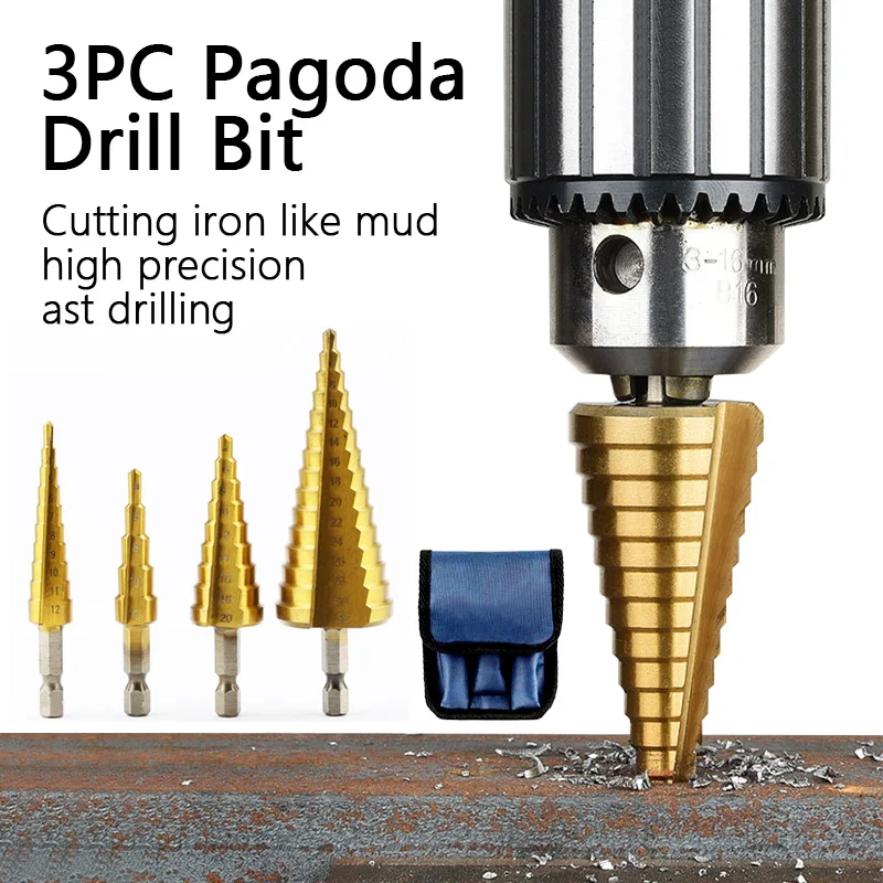 

Сверлильный инструмент 3 шт./компл., ступенчатое сверло с прямым желобом и титановым покрытием, для дерева, металла, 3-12 мм, 4-12 мм, 4-20 мм