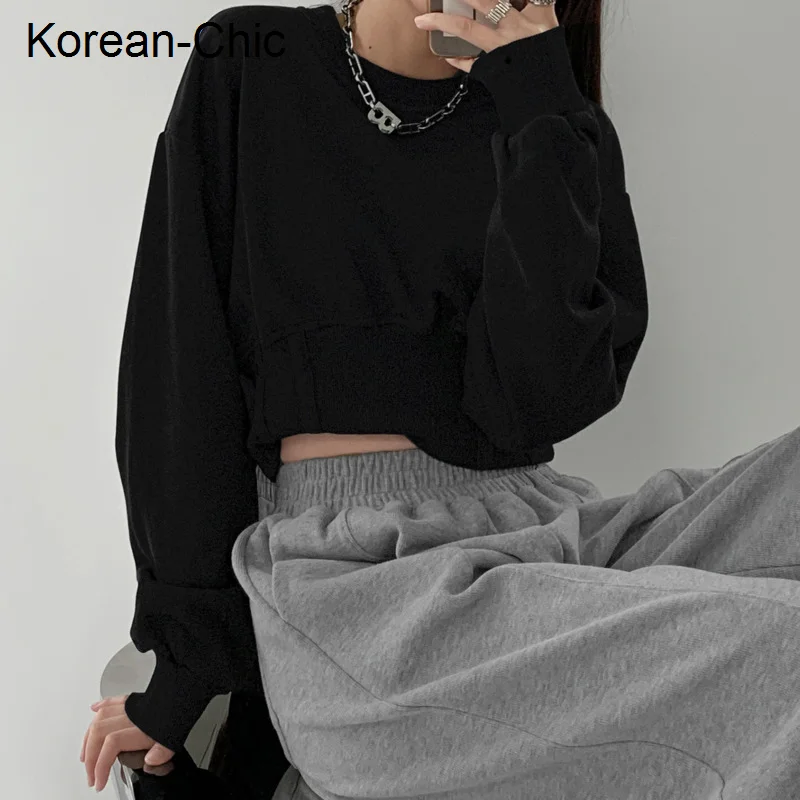

Pullover Sweater Women's Autumn Winter Grey Loose T-shirt Short Waist Exposed Navel Long Sleeve Round Neck