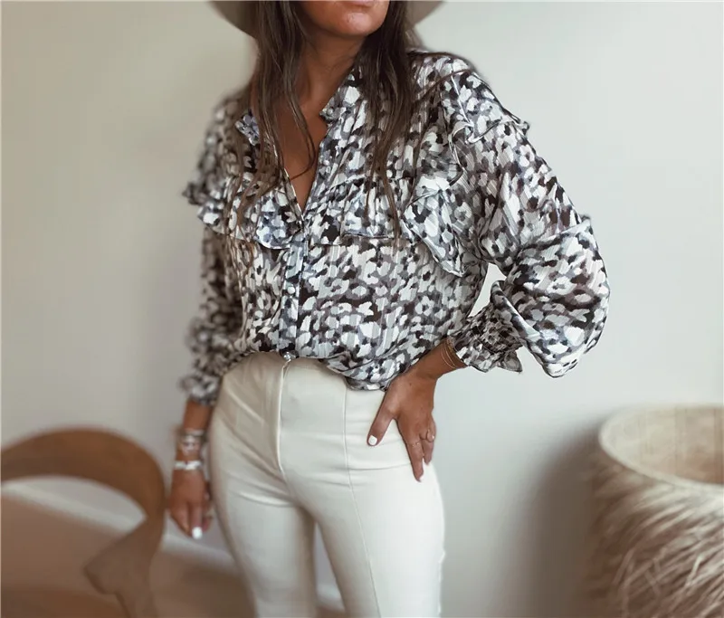 

2022 Spring Summer New Leopard Print Chiffon Patchwork Ruffled Single Breasted Loose Casual Shirt Women Blouse V Neck Sexy