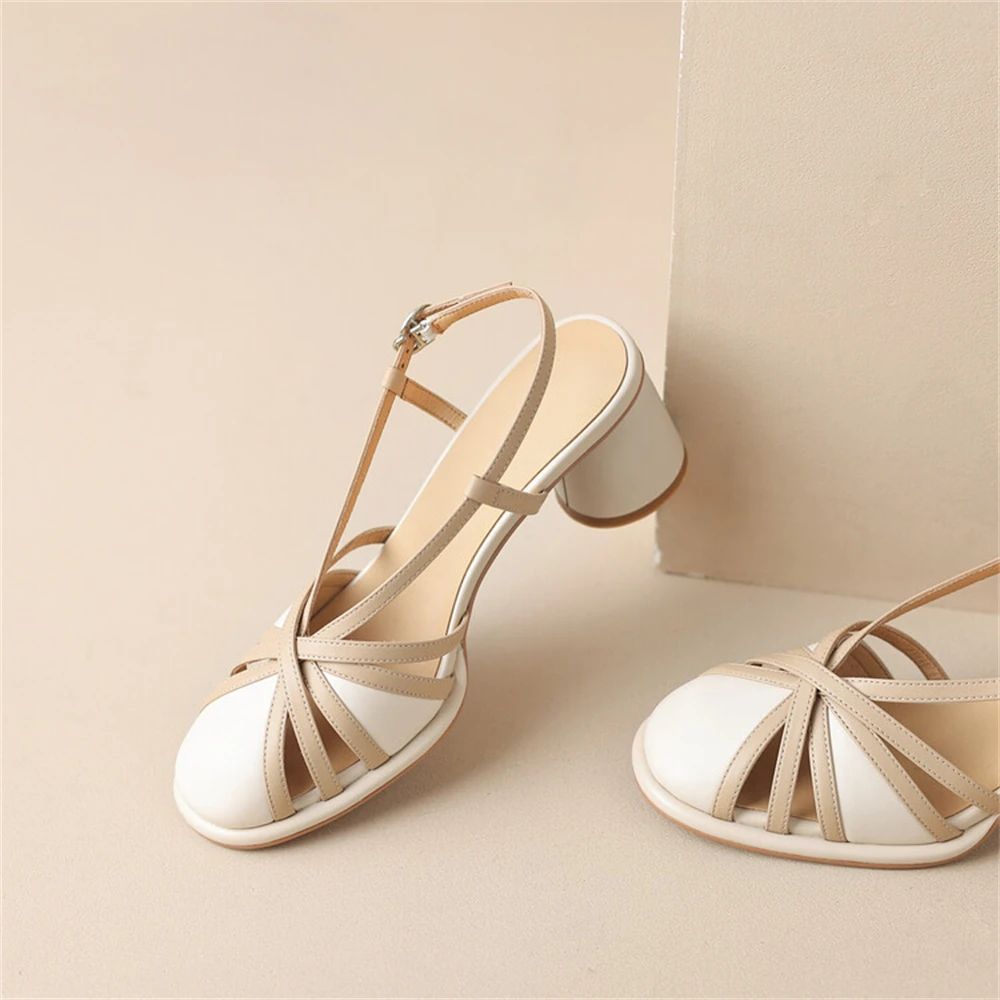 

Womens' Buckle Strap Brown Beige Simple Shoes Style Leather Cylindrical Heels Closed Toe Mixed Color New Style Hollow Sandals