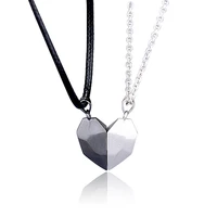2pcs minimalist lovers matching friendship heart pendant couple magnetic distance faceted metal necklace fashion hiphop jewelry