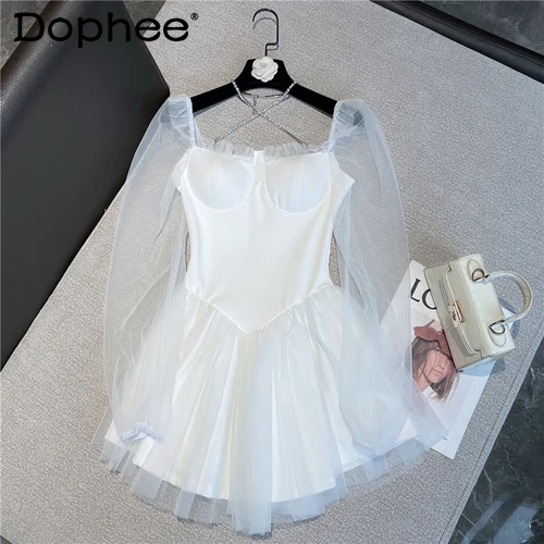 

Новинка лета 2022, милое приталенное шифоновое лоскутное платье стразы с сетчатым кружевом и лямкой на шее, женская одежда