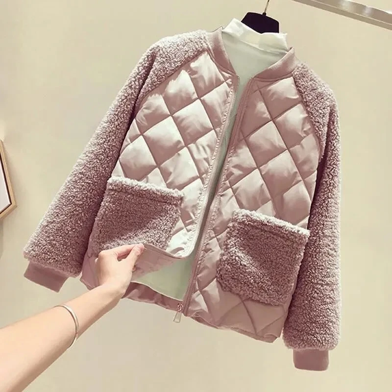 Parkas Women Short 2022 New Korean Loose Imitation Lamb Wool Padded Jacket Female Large Size Stitching Winter Cotton Coat