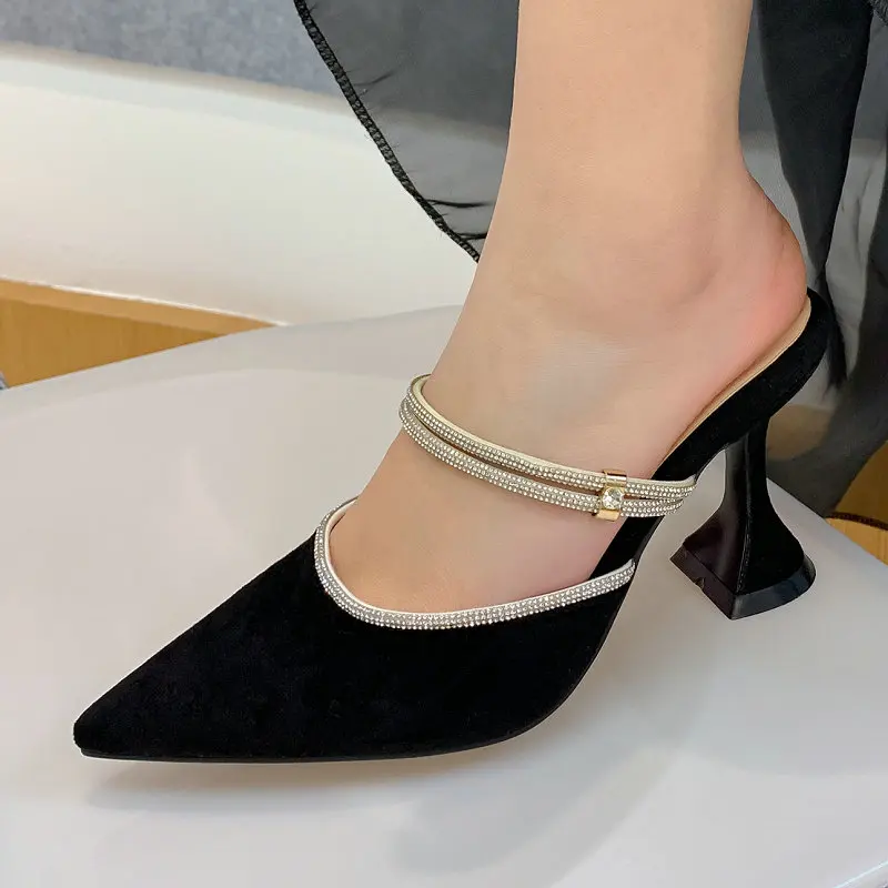 

Pointed Toe Sexy Crystal Strap Wine Cup Heels Party Fashion Female Summer Shoes Small Size 33 Heels Slides Mules Sandals Women