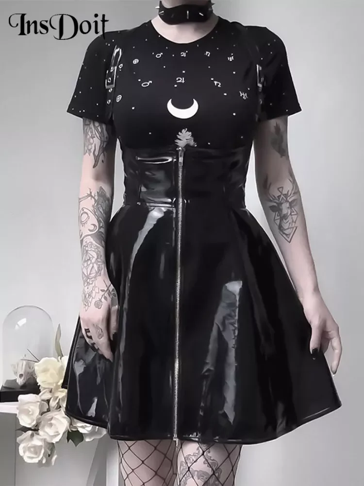 

InsDoit Streetwear Gothic Leather Black Skirts Harajuku Punk High Waist Suspender Mini Skirt Women School Patchwork A Line Skirt