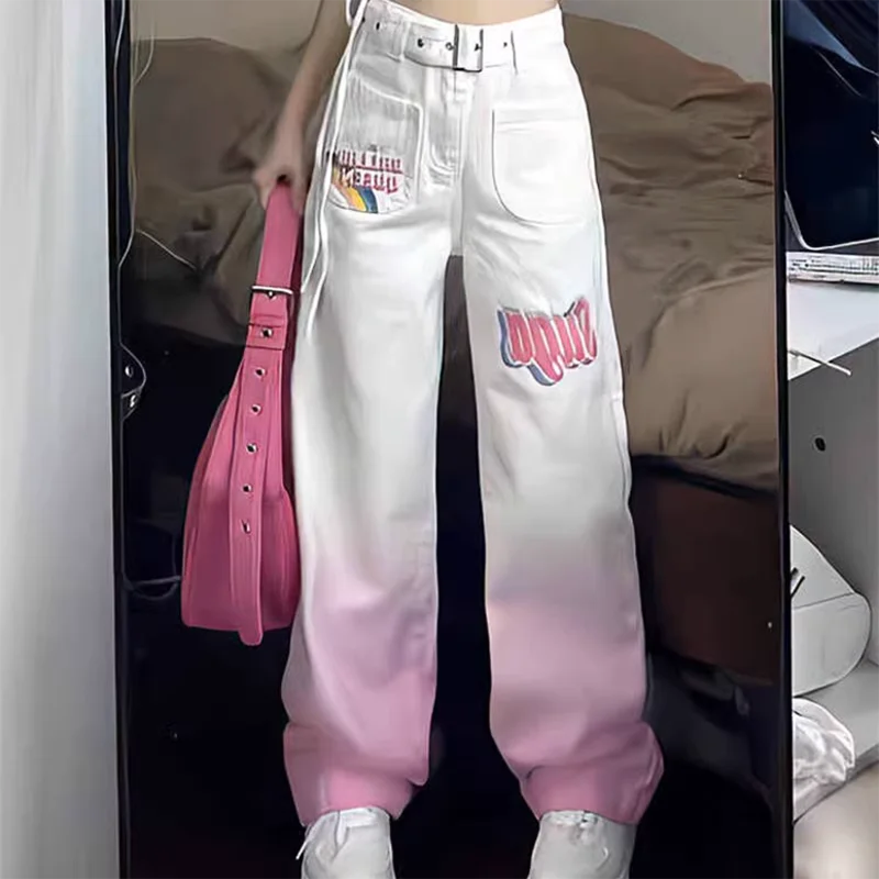 Women's Pink Casual Straight Jeans, High Waist Design, Loose, Wide-Leg, Embroidery, Fashion, Sweet, Spring, Summer, New, 4XL