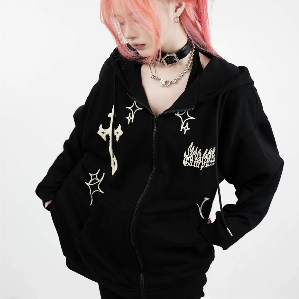 

2022 High Street Retro Cross Embroidery Zip Up Hoodie Goth Graphic Sweatshirt Coats Men Women Loose Casual Kawaii Winter Clothes