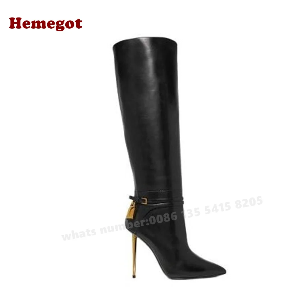 Croc-Pattern Metal Heels Knee High Boots Padlock Pointy Toe Buckle Women's Long Luxury Winter Designer Shoes Plus Size