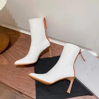fall pointed shoes women zipper modern pumps white patent high heels femininas mosaic color stretch boots lady mid calf zapatos