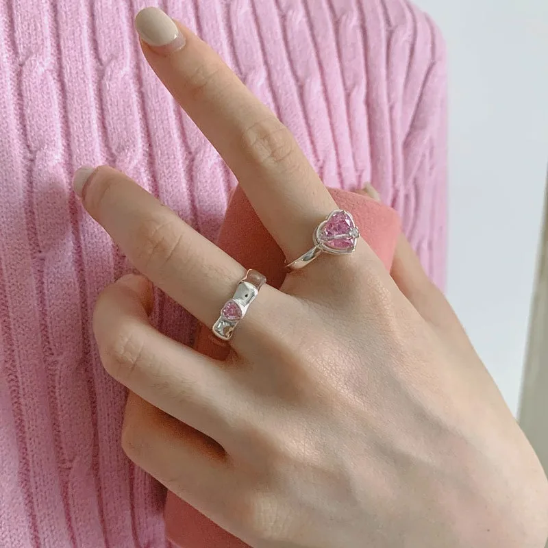 

Romantic Pink Heart Silver Rings for Girls Couple Lover Wedding Engagement Silver Women's Cute Trendy Ring Fine Jewelry
