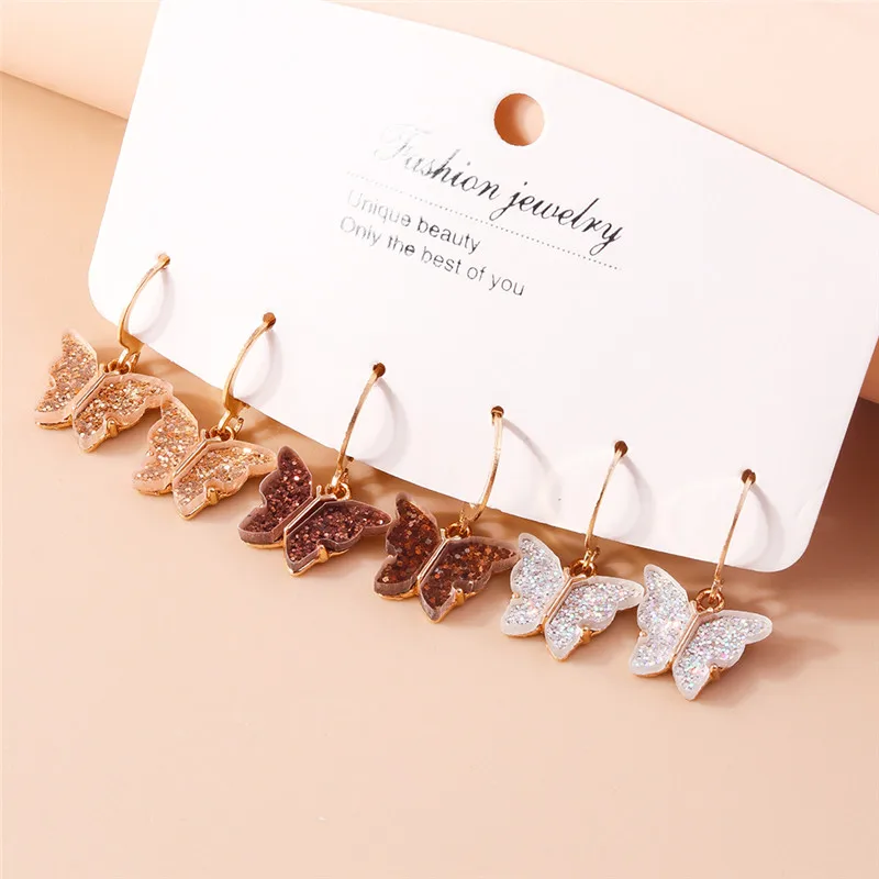 Aihua 6pcs/set Bohemia Colorful Acrylic Butterfly Earrings Set for Women Girls Gold Color Metal Drop Earring Jewelry