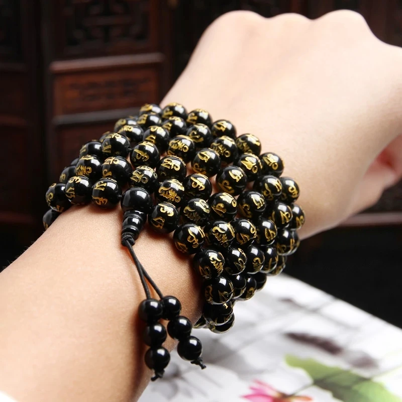 Natural Obsidian Six Words Bronzing 108 Beads Bracelet Fashion Jewelry With Many Layers Stretch Bracelets&Bangle For Men Women