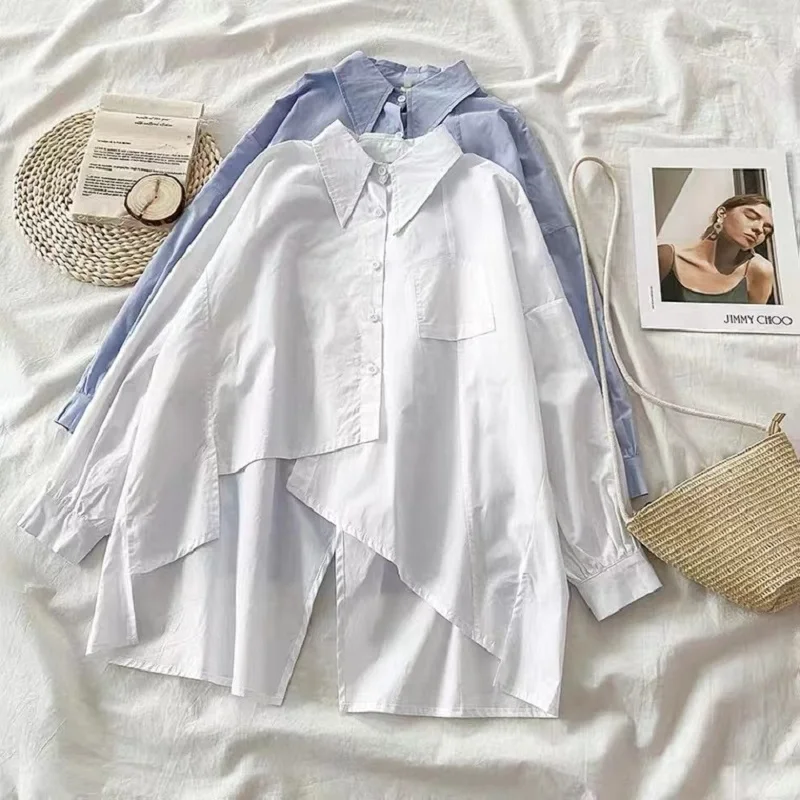 

Woman Blouses Irregular splicing 2022 Spring Autumn Fashion Vintage Korean Turn Down Collar Long Sleeve Loose Women Shirts Top