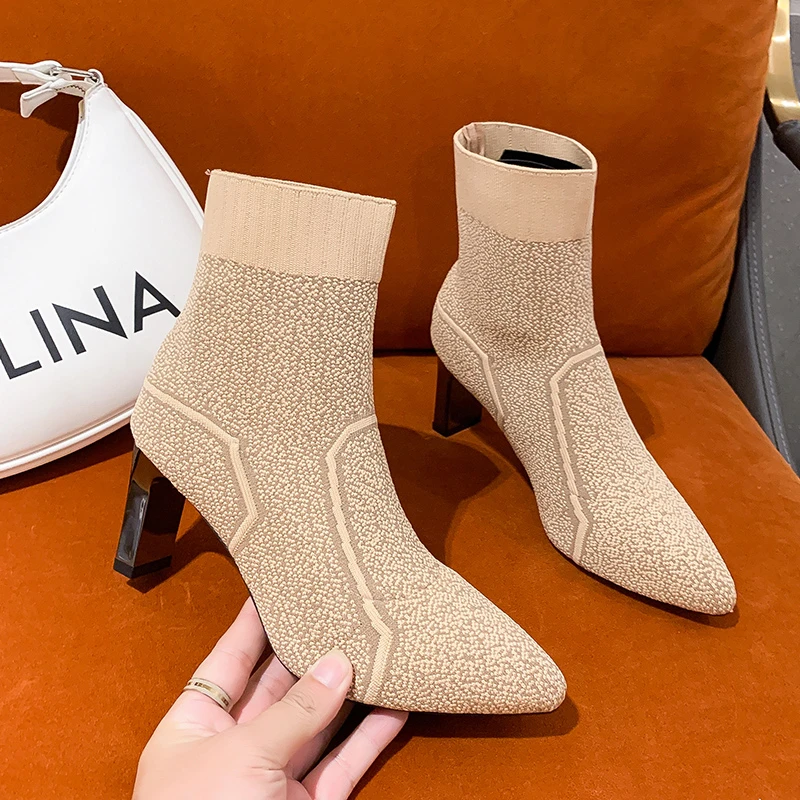 

Women's Mid-boots 2022 Autumn and Winter New Knitted Wool Elastic Socks Boots Pointed Toe High Heels Square Root Women Boots