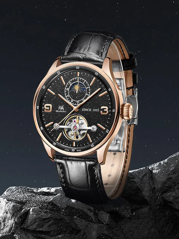 Фото Мужские механические часы Shanghai Watch серии National с золотым корпусом, инкрустированные камнями, с изображением Солнца, Луны и Звезд №4