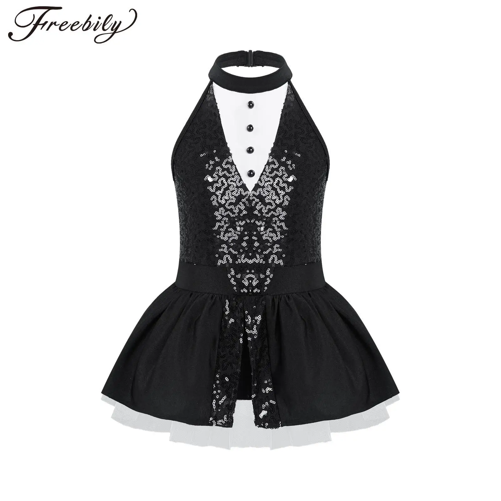 

Kids Girls Ballet Dress Dance Leotard Dress Sleeveless Sequins Button Decor Backless Mesh Tutu Party Stage Performance Dancewear