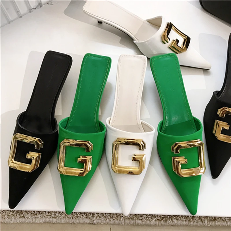 

Женские мюли без застежки, брендовые туфли с золотой пряжкой, заостренный носок, тонкий низкий каблук, шлепанцы, сланцы