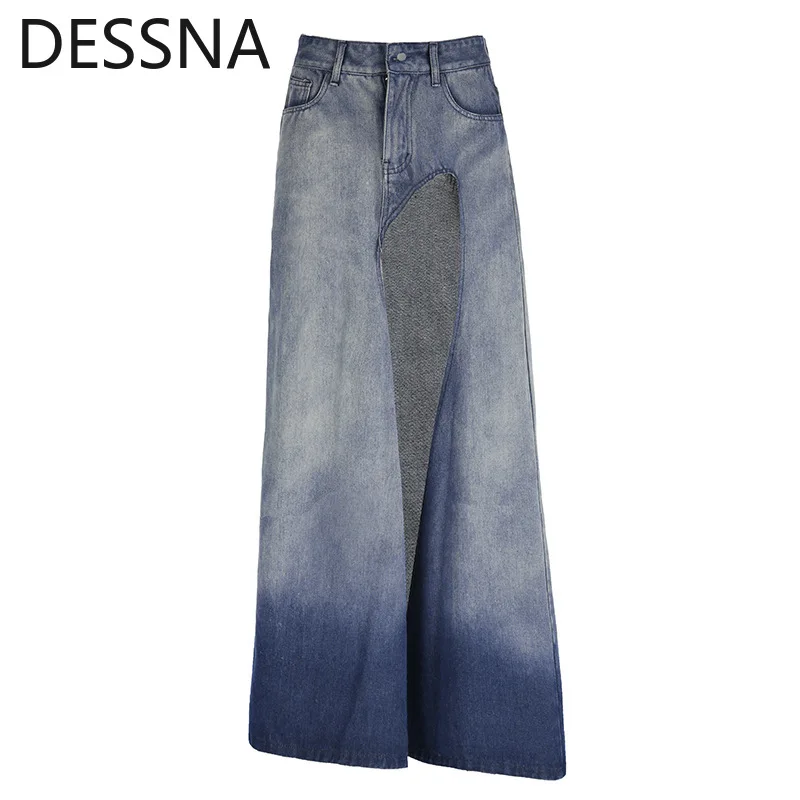 

2023 New Retro Women Gradient Irregular Split Umbrella Swing Skirt High Waist Slim Denim Skirt