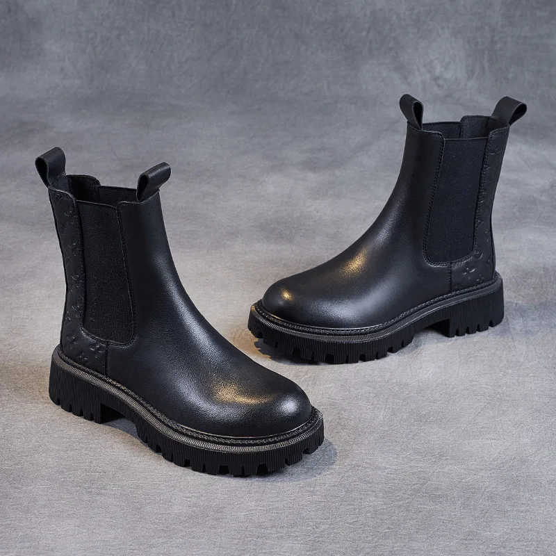 Vintage Martin boots female autumn and winter 2023 new net red leather elastic boots in smoke tube Martin shoes Chelsea boots