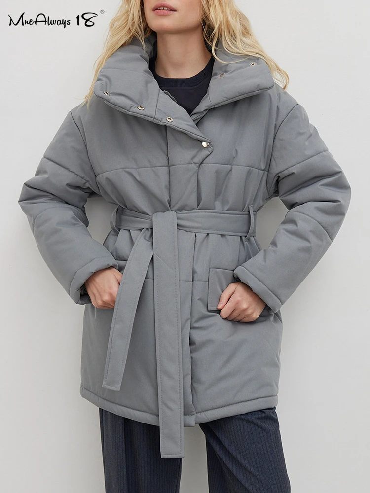

Mnealways18 Turtlenecks Short Cotton-Padded Coats Casual Thick Warm Windproof Jackets Winter Office Female Outwear With Sashes