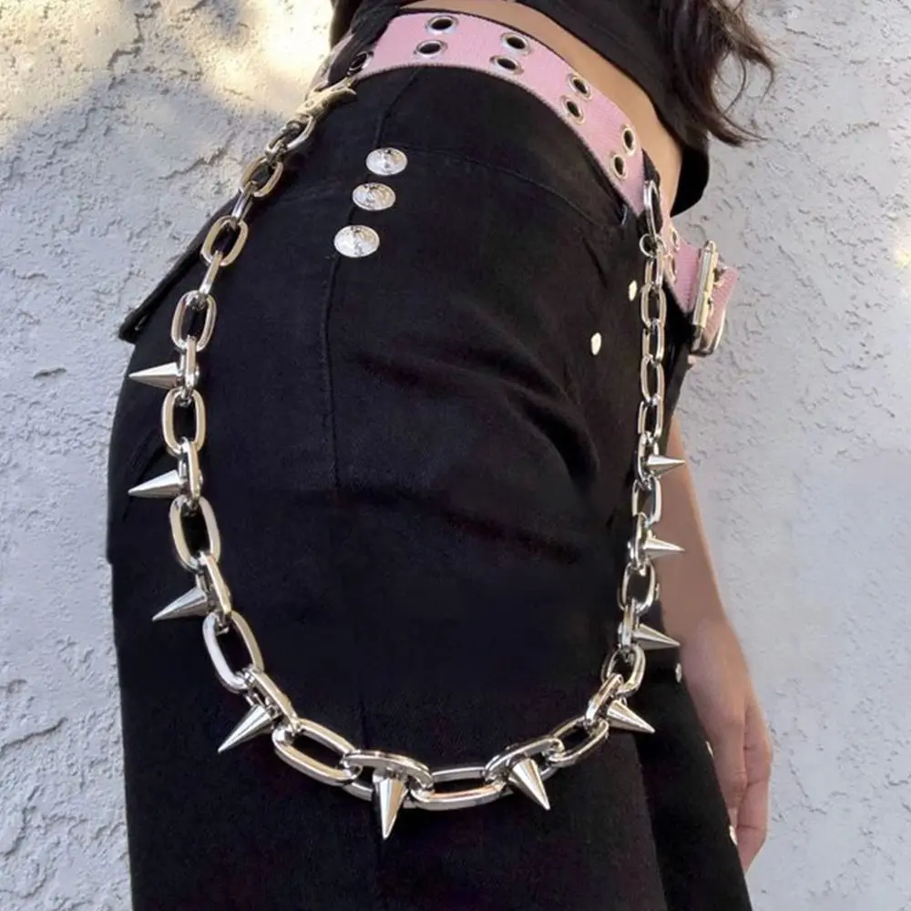 Adjustable Jeans Pants Women Girls HipHop Link Coil Punk Rivet Belt Adjustable Strap Spike Waist Chain
