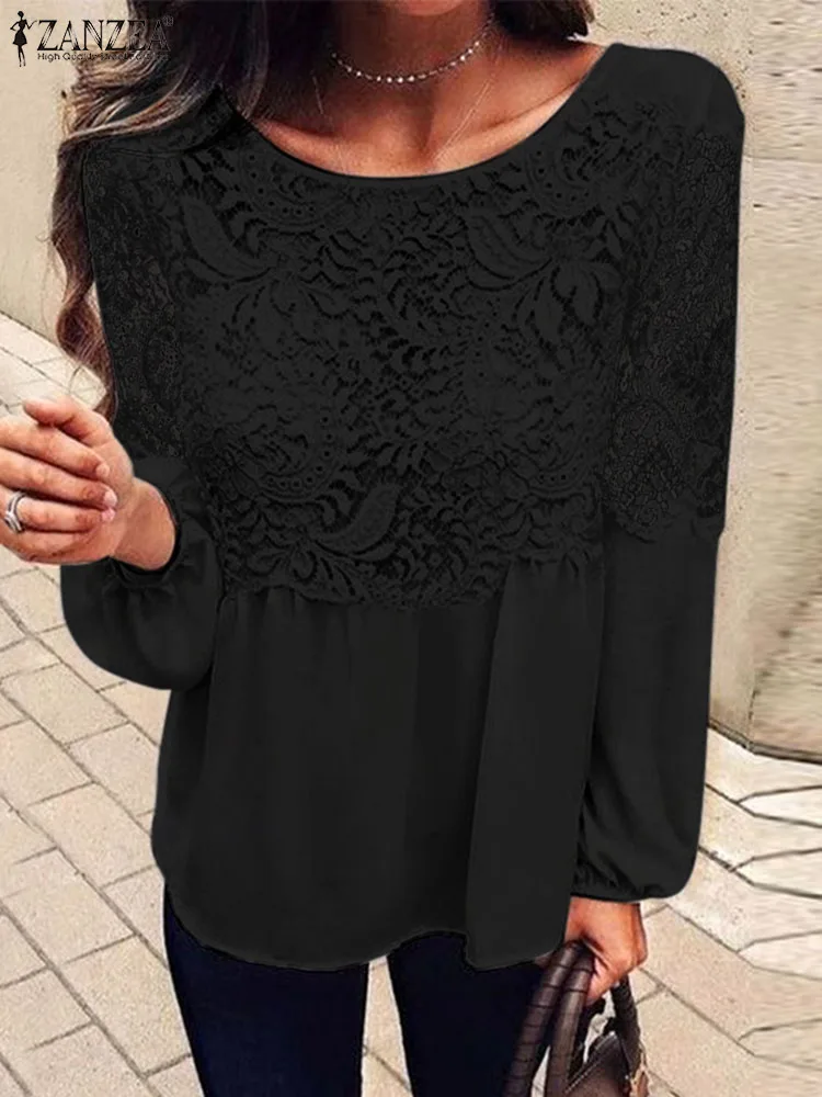 

Женская Повседневная модная белая рубашка CasZANZEA с кружевной вставкой, круглым вырезом и длинным рукавом, летние праздничные прозрачные блу...