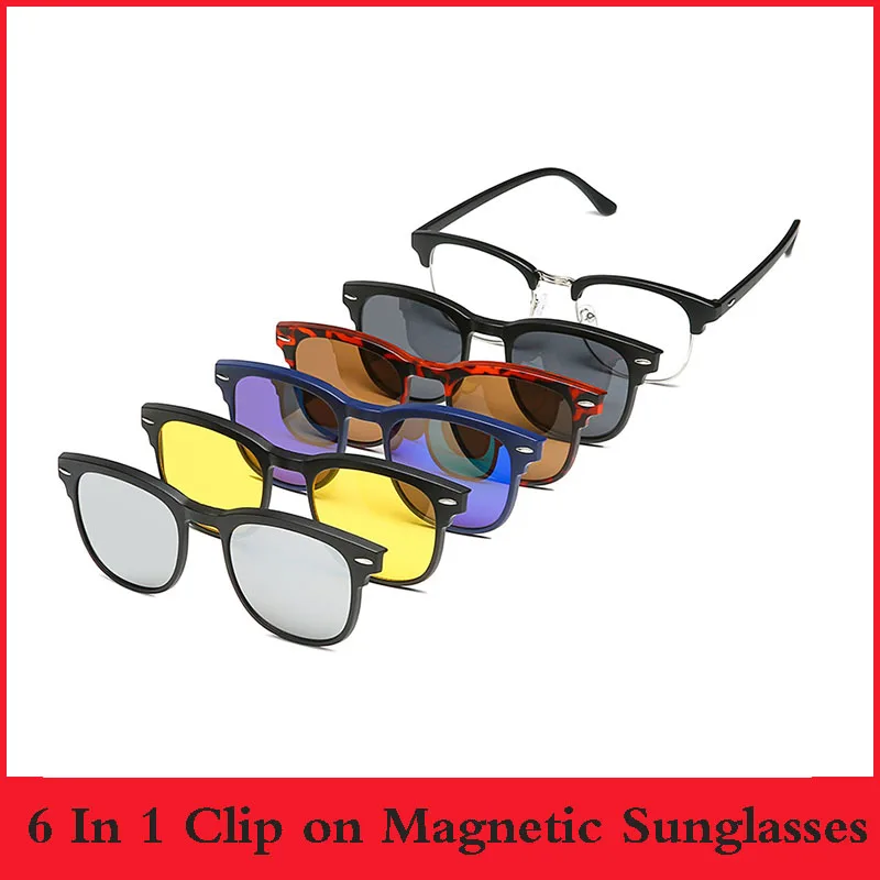 

6 In 1 Optical Magnetic Sunglasses Men Women Polarized Round black frame Magnet Clip on Sun glasses Polaroid Gafas de sol Hombre