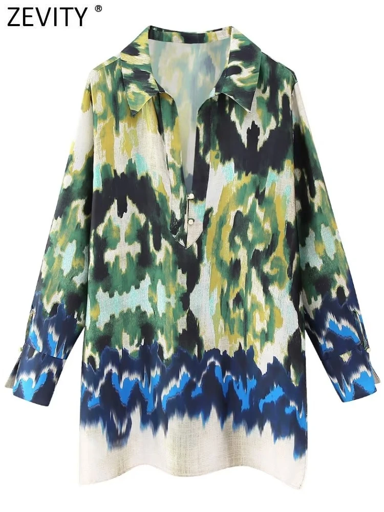 Zevity Women Vintage Tie Dye Patchwork Print Loose Smock Blouse Female Side Split Shirt Chic Kimono Chemise Blusas Tops LS3990