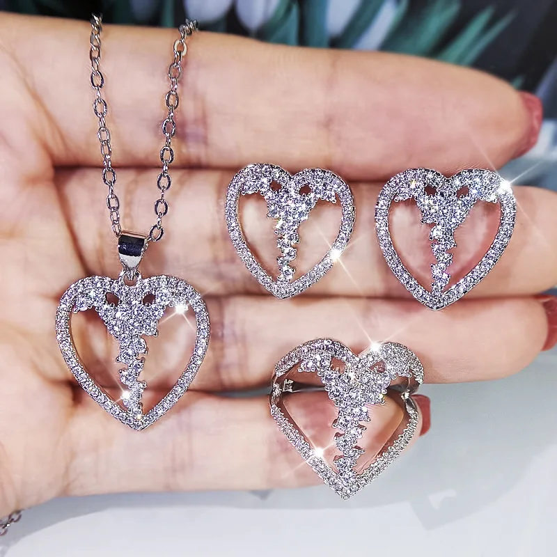 

925 Silver Inlaid Crystal Heart Necklace Ring Earring Set Wedding Banquet Dress Accessories Exquisite Elegant Luxury Jewelry