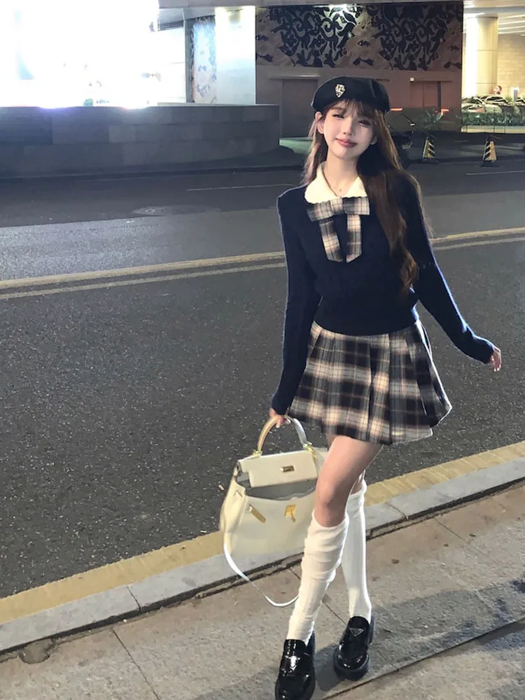 Костюм в стиле преппи комплект из 2 предметов с юбкой милый кардиган воротником